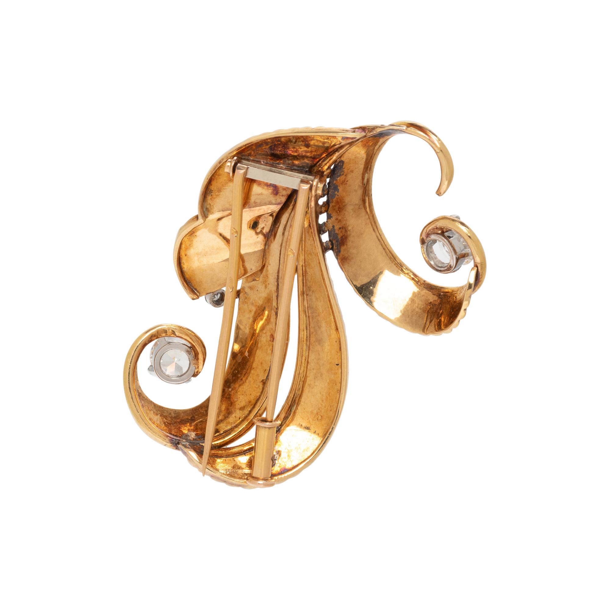 FRENCH, RETRO, YELLOW GOLD AND DIAMOND RIBBON BROOCH