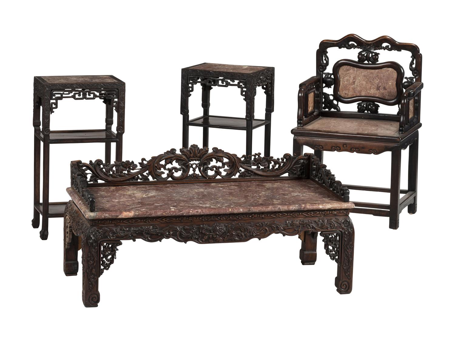 A Chinese Carved Hardwood Four-Piece Furniture Suite