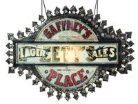 A Zett's Lager and Ales Reverse Painted Glass and Pressed Metal Double-Sided Lighted Bar Sign