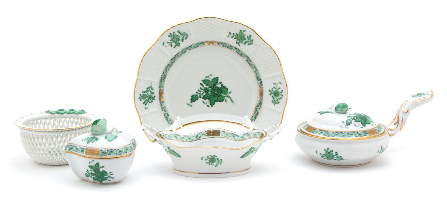 Five Pieces of Herend Green Chinese Bouquet Porcelain Largest width 8 inches. — 20TH CENTURY