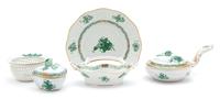 Five Pieces of Herend Green Chinese Bouquet Porcelain Largest width 8 inches. — 20TH CENTURY