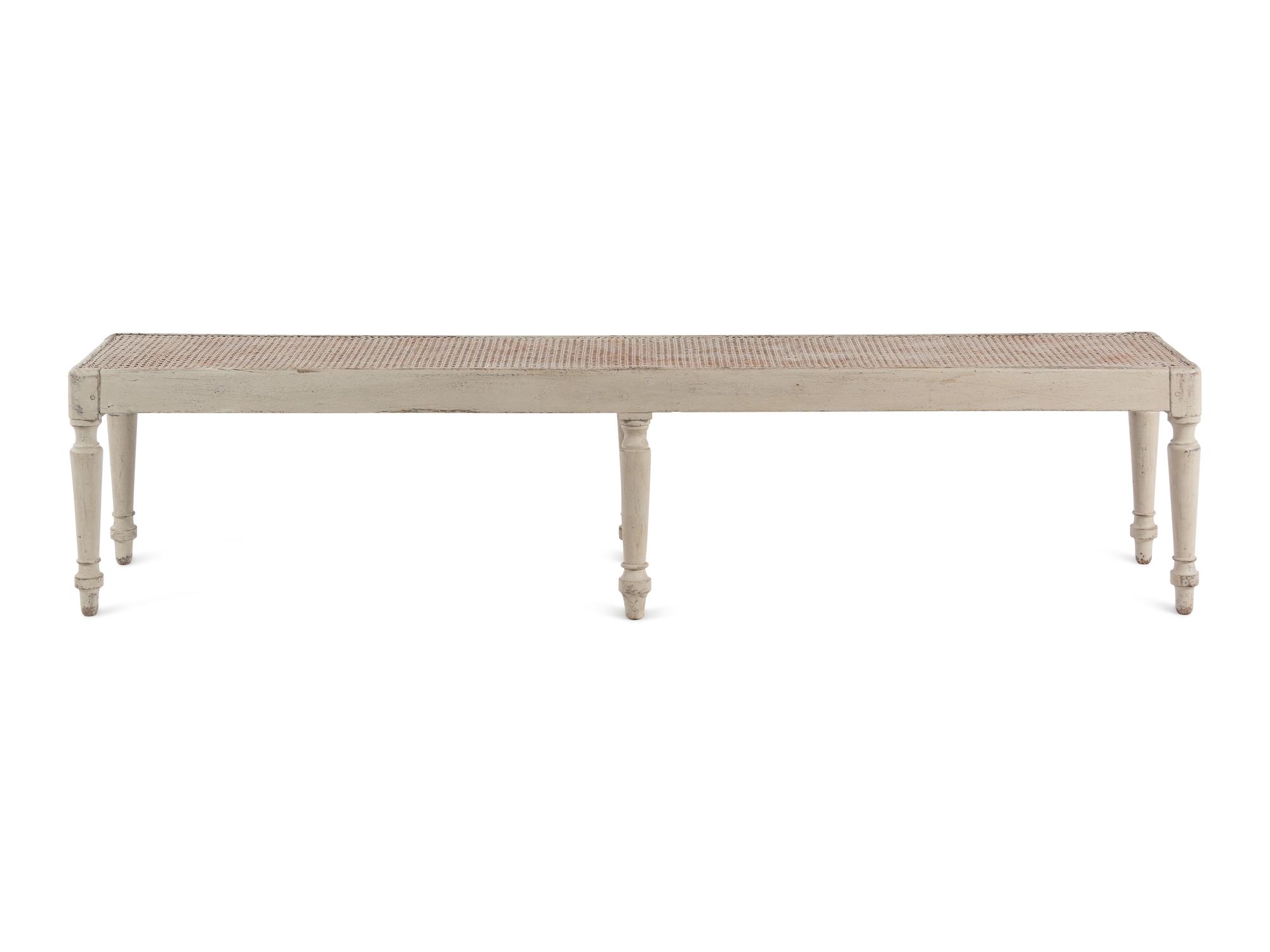A Gustavian Style Grey-Painted Caned Bench