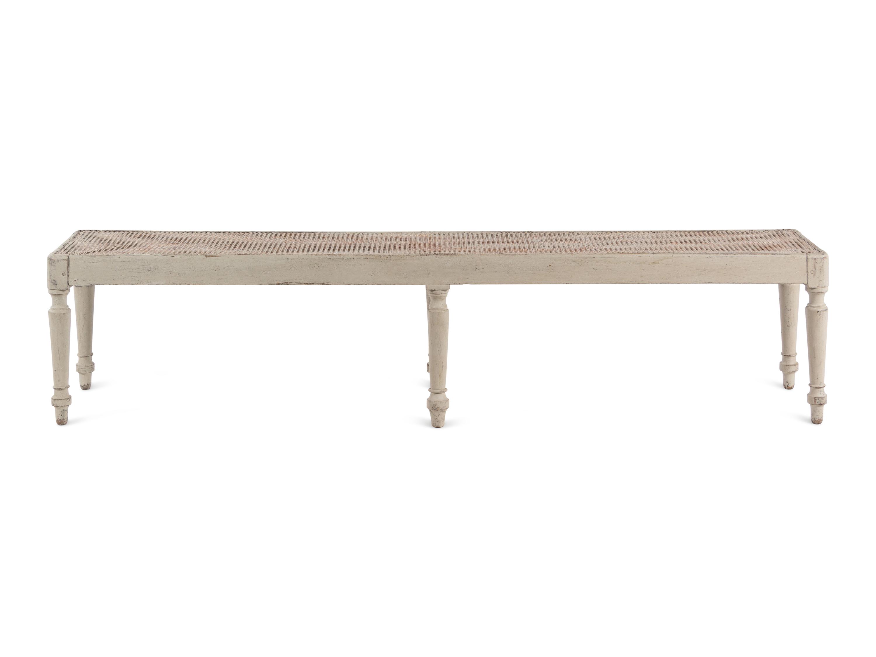 A Gustavian Style Grey-Painted Caned Bench
