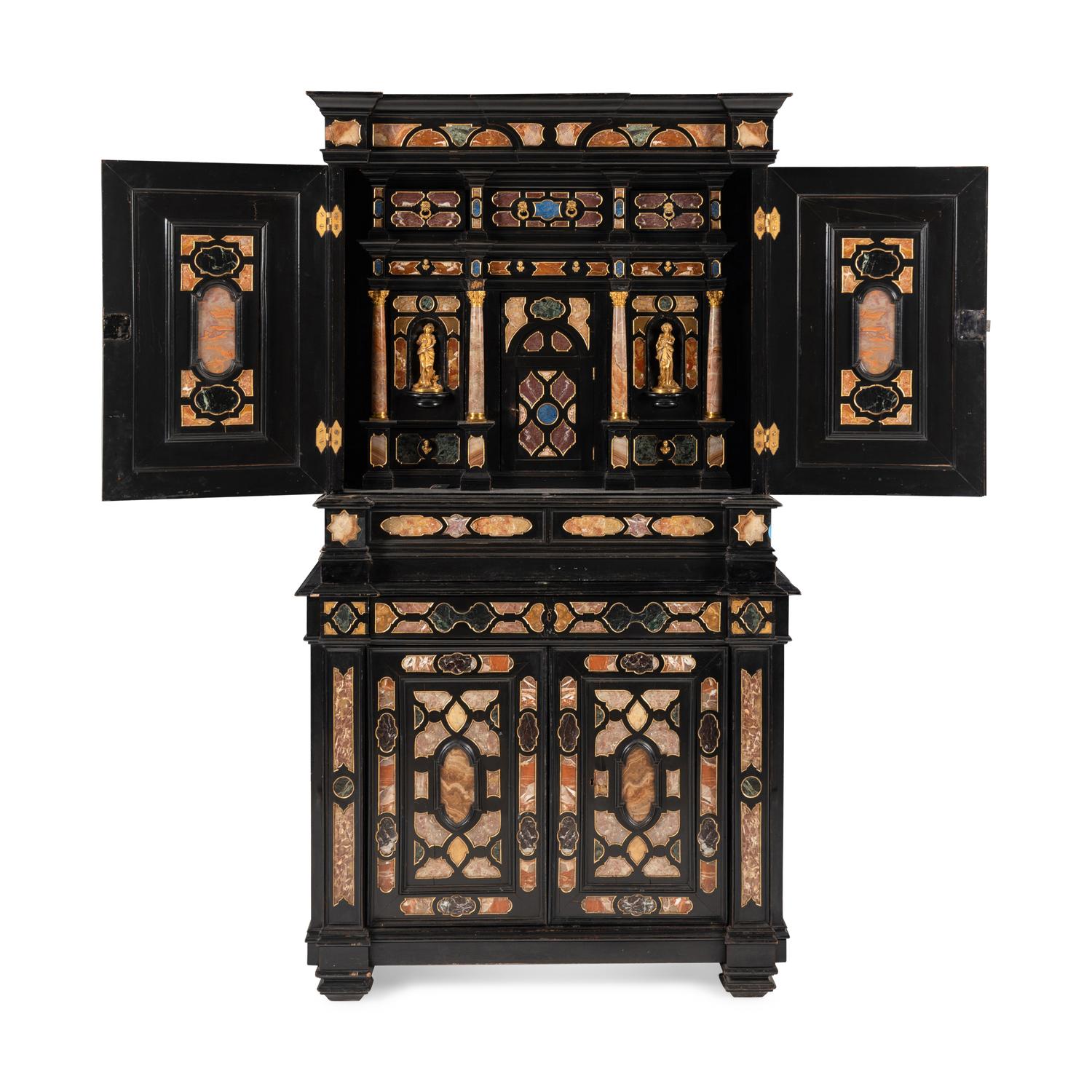 An Italian Baroque Style Ebonized, Specimen Marble-Inset and Parcel Gilt Collector's Cabinet