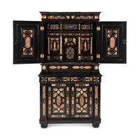 An Italian Baroque Style Ebonized, Specimen Marble-Inset and Parcel Gilt Collector's Cabinet