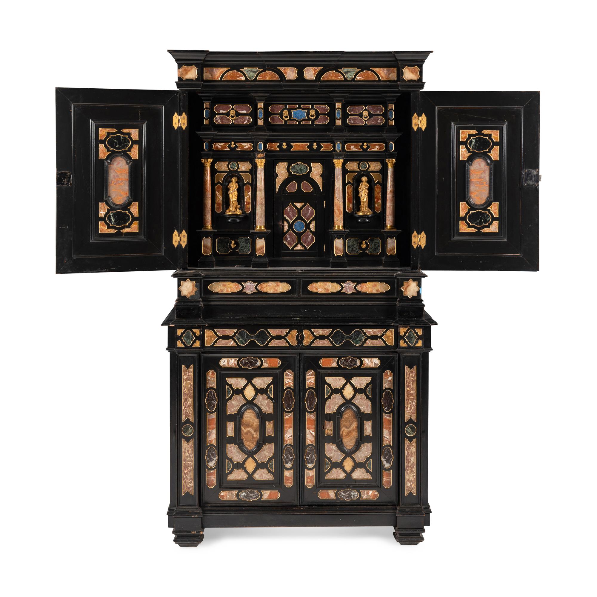 An Italian Baroque Style Ebonized, Specimen Marble-Inset and Parcel Gilt Collector's Cabinet