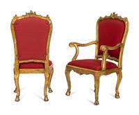 A Set of Six Venetian Rococo Carved Giltwood Dining Chairs