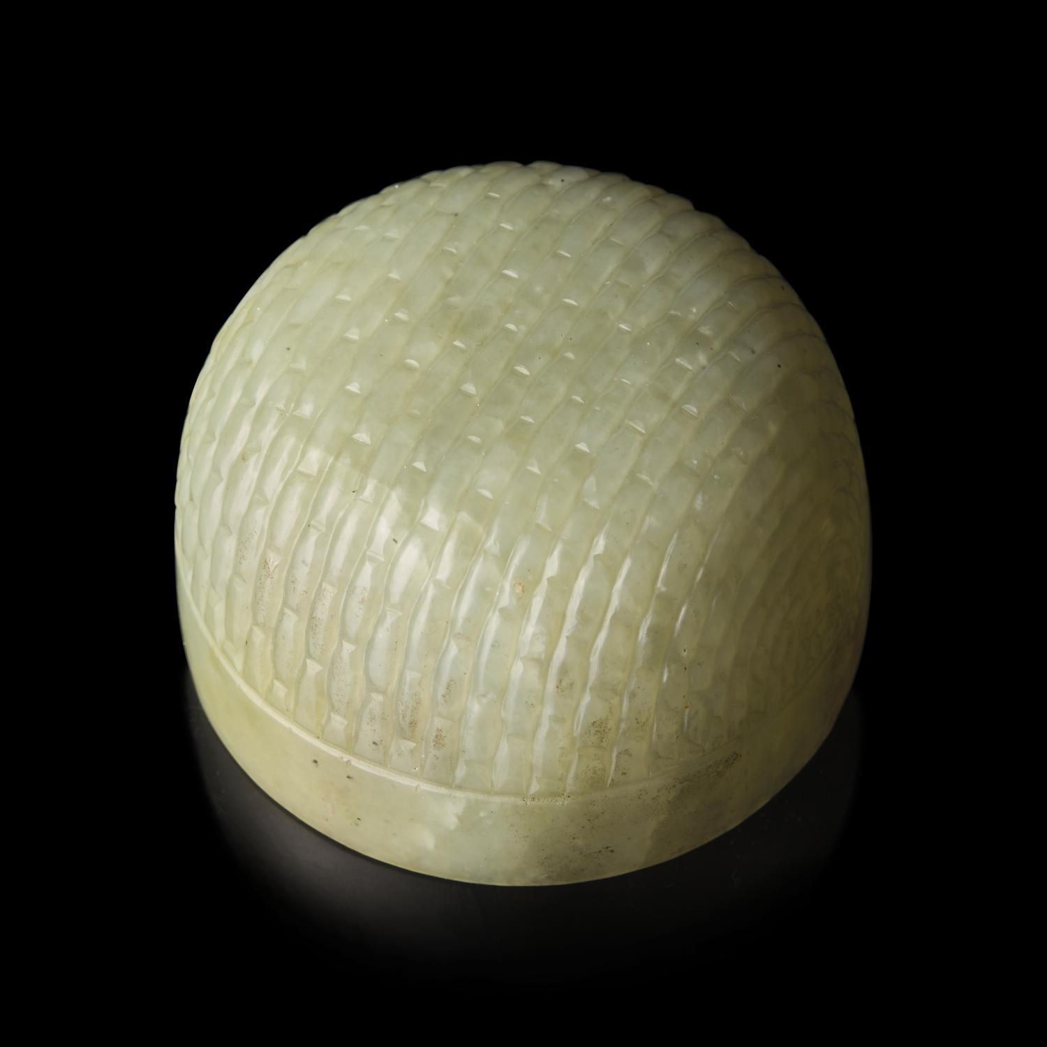 A Chinese Celadon Jade "Rice Measure" Cup, Late Ming-Early Qing — 明末清初 笸籮紋玉碗