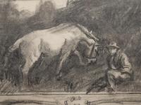 Sketch of "The Grey Pony, Augereau, in a Sandpit with Groom, George Curzon"