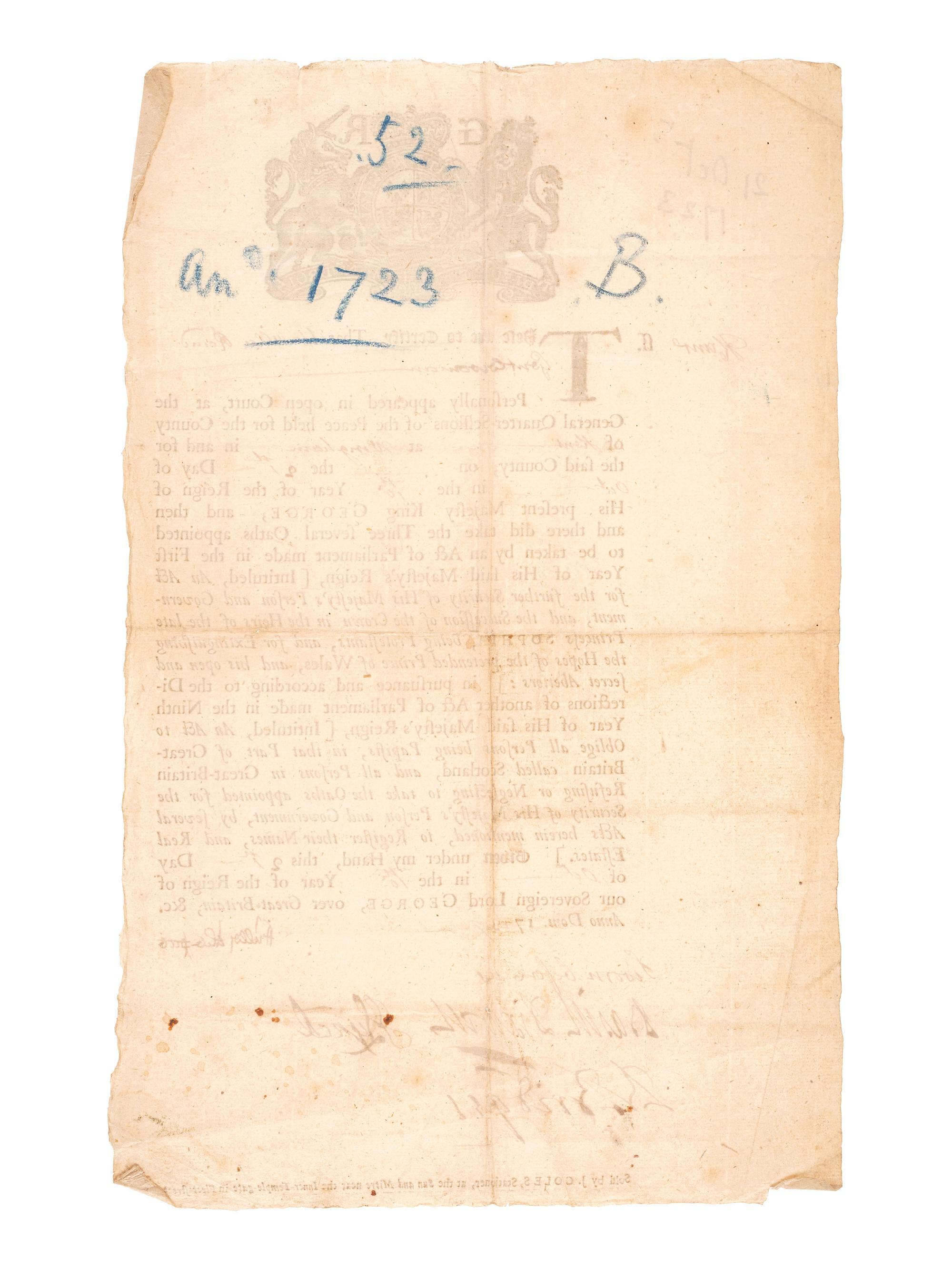 [POLITICS]. Partly printed Catholic Oath of Loyalty signed by a female subscriber, Ursulla Reind. Wingham, County Kent, England, 21 October 1723.