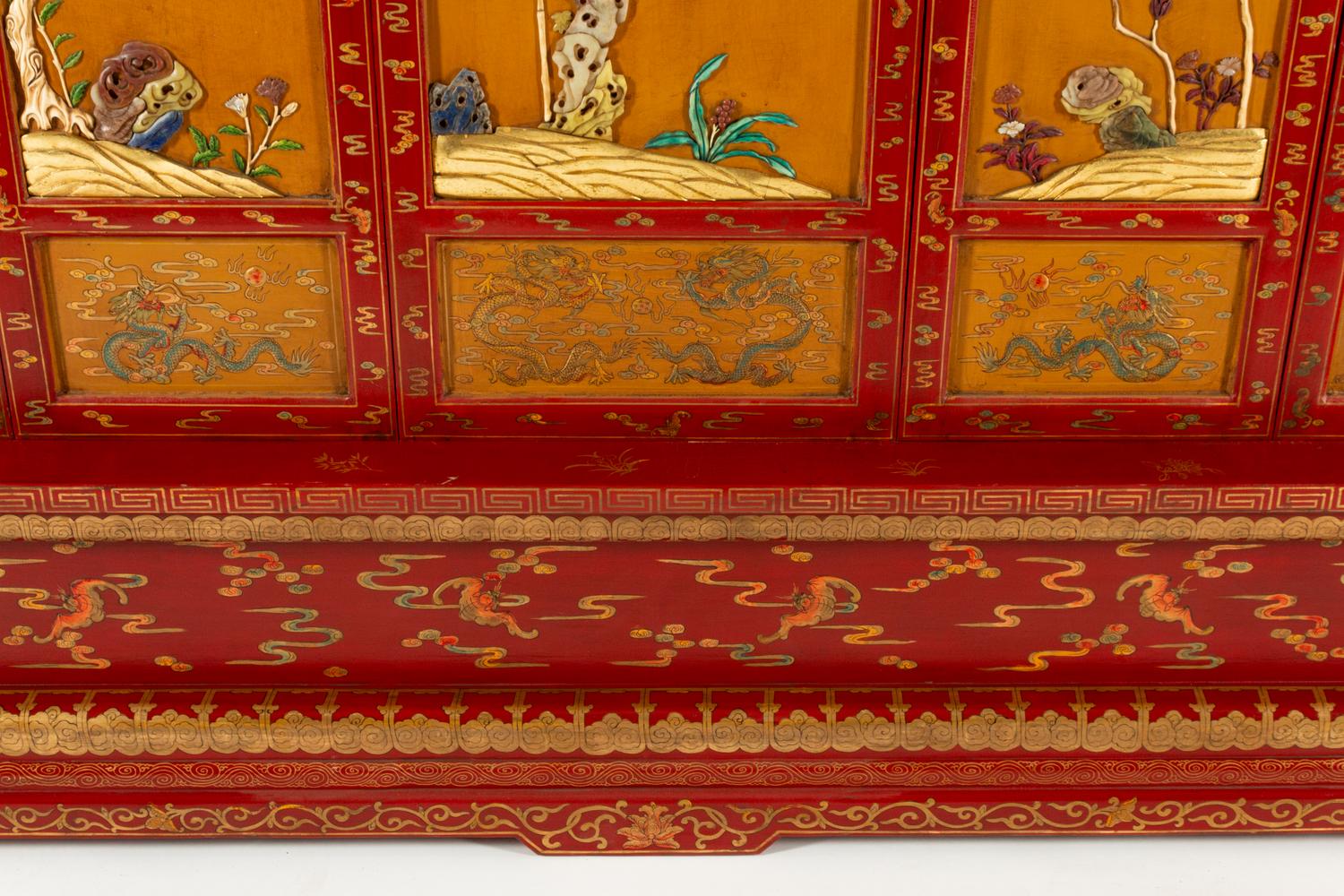 A Chinese Carved Hardstone-Inset Lacquer Nine-Panel Screen