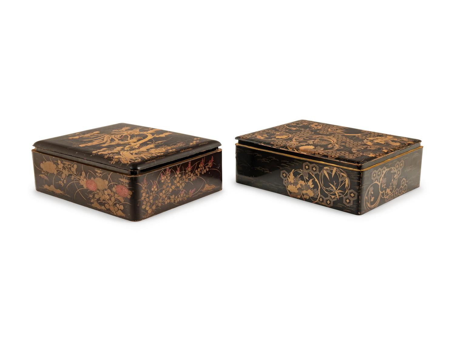 Two Japanese Gilt Decorated Black Lacquer Document Boxes, Ryoshibako