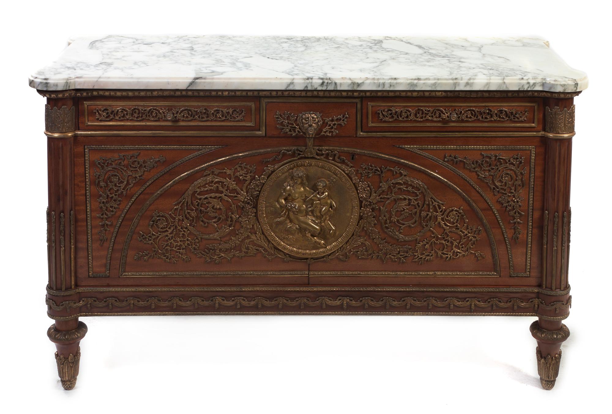 A Louis XVI Style Gilt Bronze Mounted Commode a Vantaux, after the model by Guillaume Benneman, Height 32 1/2 x width 56 x depth 23 inc