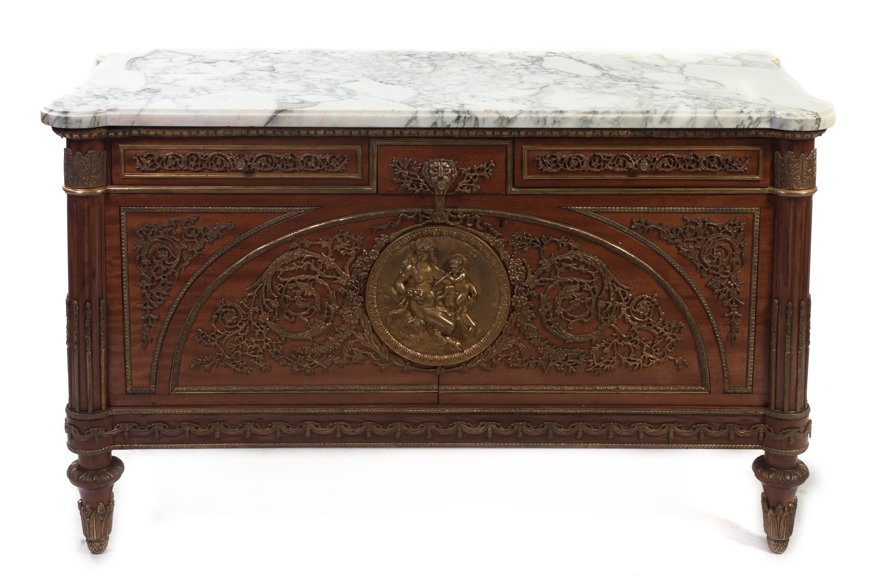 A Louis XVI Style Gilt Bronze Mounted Commode a Vantaux, after the model by Guillaume Benneman, Height 32 1/2 x width 56 x depth 23 inc