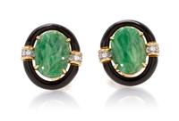 A Pair of Platinum, 18 Karat Yellow Gold, Jade, Onyx and Diamond Earclips, David Webb, 16.70 dwts.