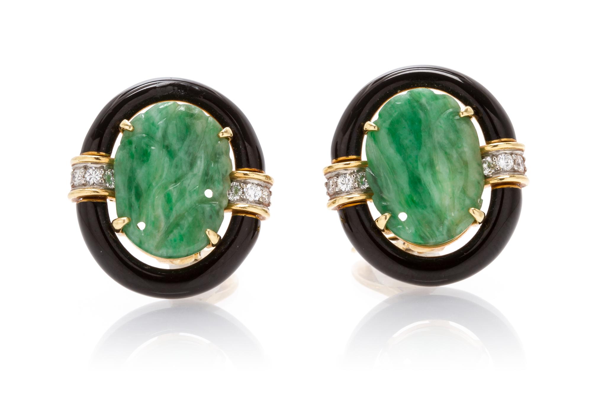 A Pair of Platinum, 18 Karat Yellow Gold, Jade, Onyx and Diamond Earclips, David Webb, 16.70 dwts.