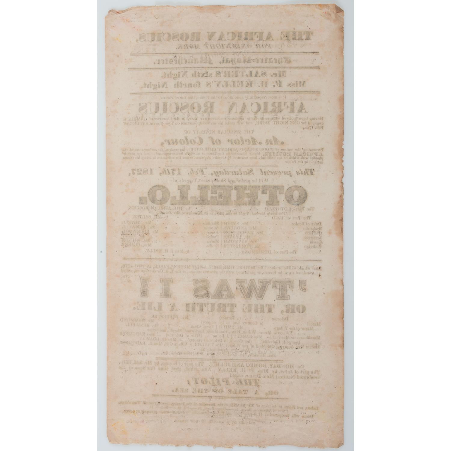 African American Shakespearean Actor Ira Aldridge, " The African Roscius ," Broadside for 1827 Performance of Othello