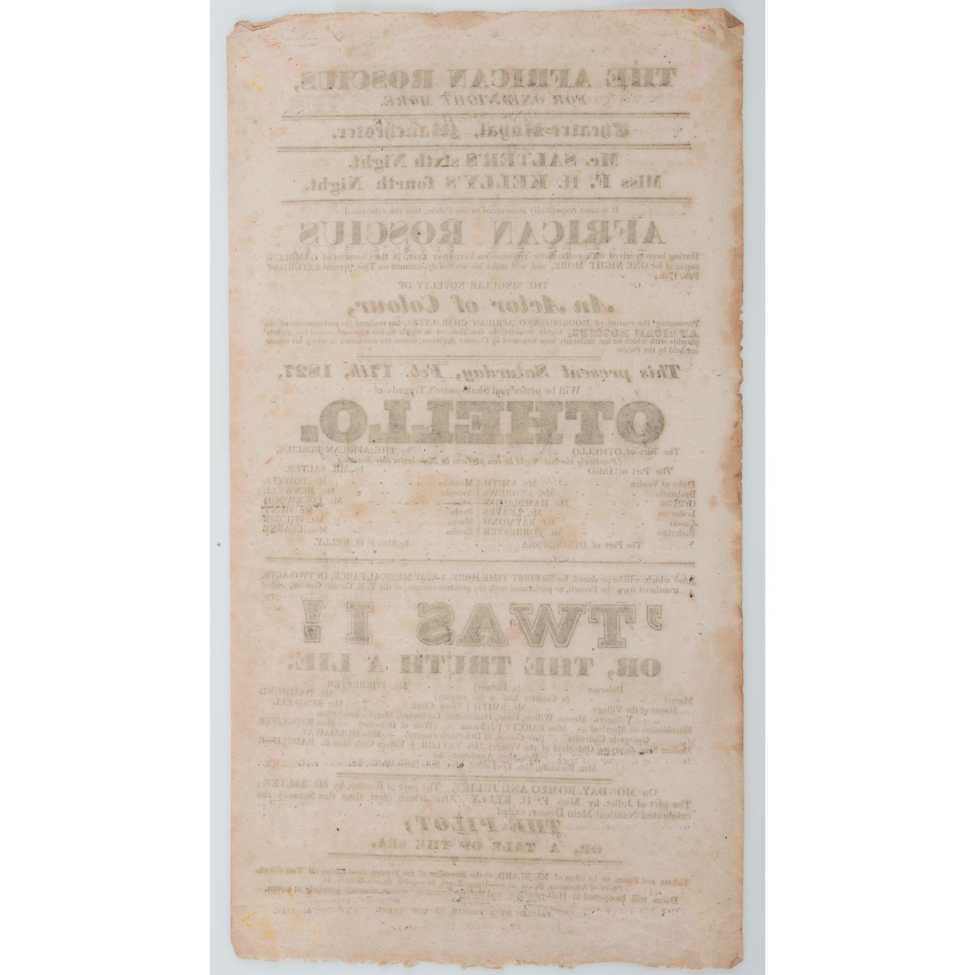 African American Shakespearean Actor Ira Aldridge, " The African Roscius ," Broadside for 1827 Performance of Othello