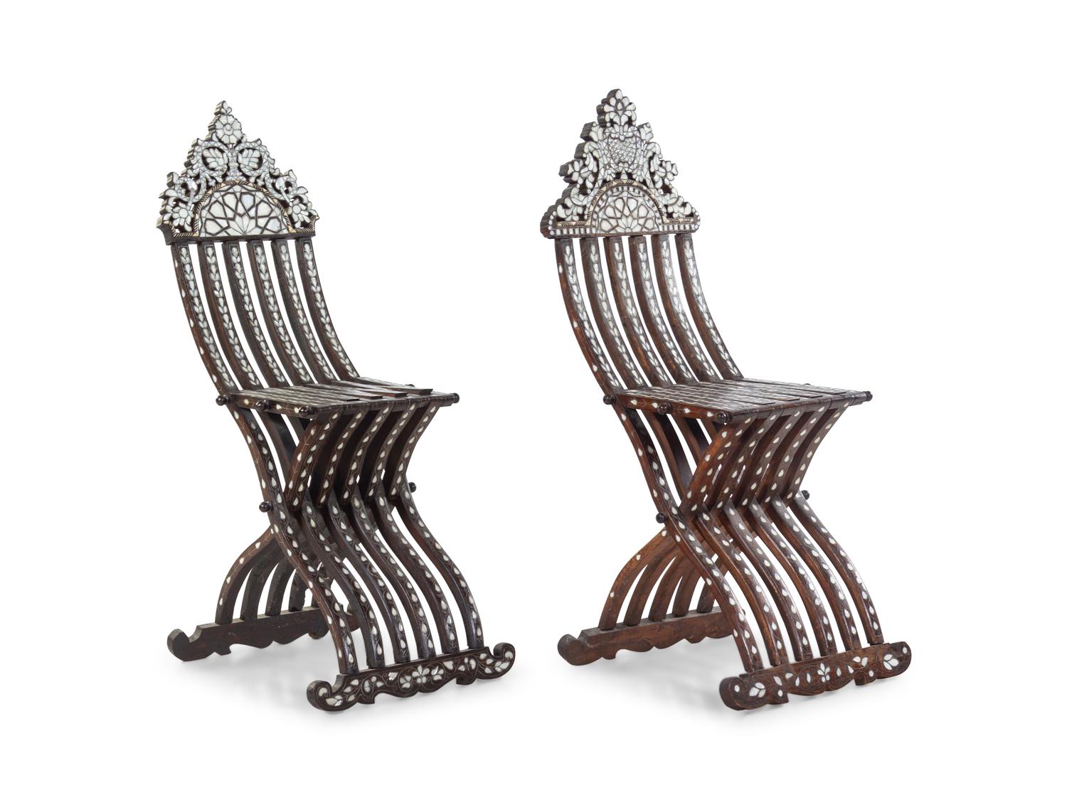 A Near Pair of Ottoman Syrian Mother-of-Pearl Inlaid Chairs