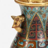 A Chinese cloisonné archaistic small vase with carved wood stand 掐丝珐琅小樽带底座