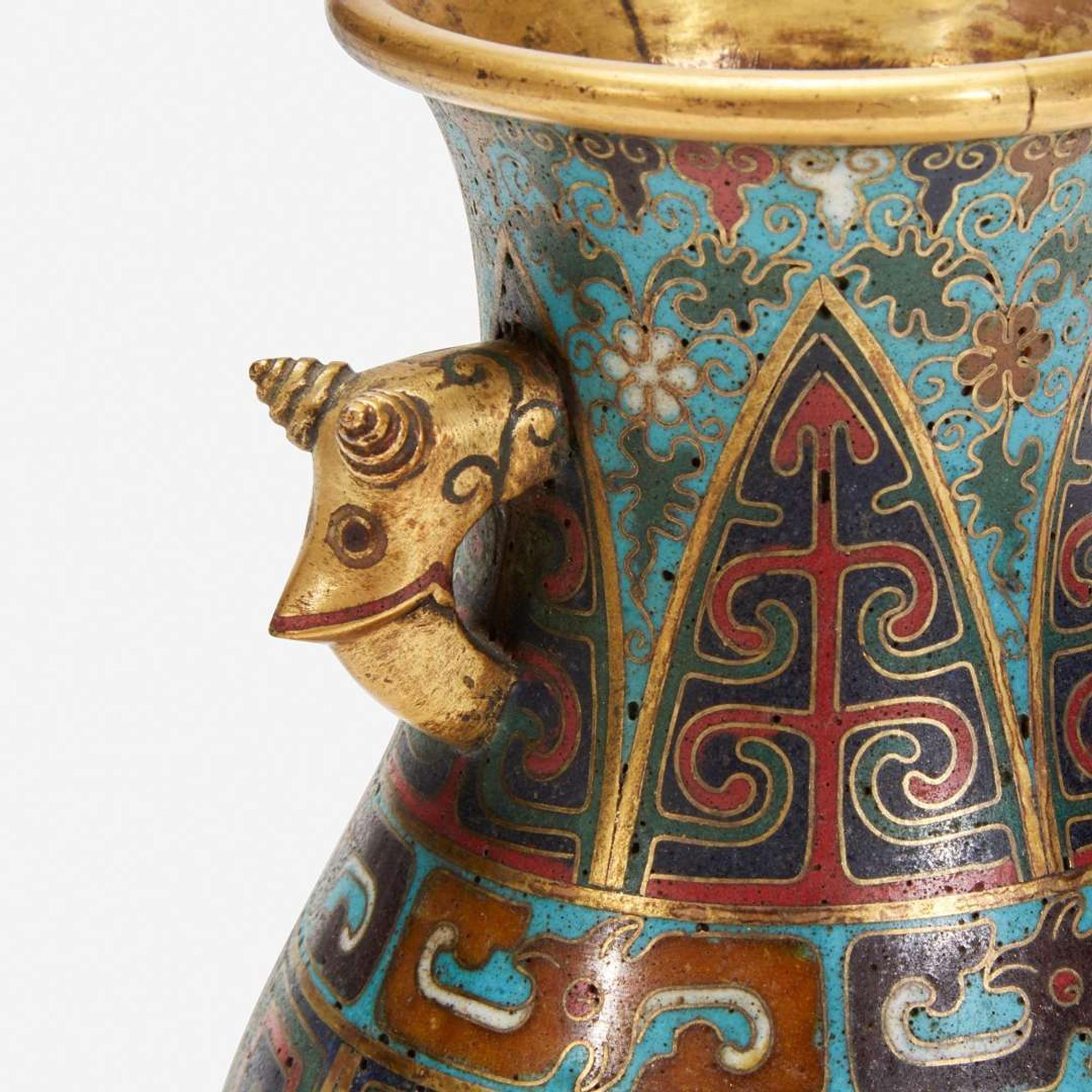 A Chinese cloisonné archaistic small vase with carved wood stand 掐丝珐琅小樽带底座