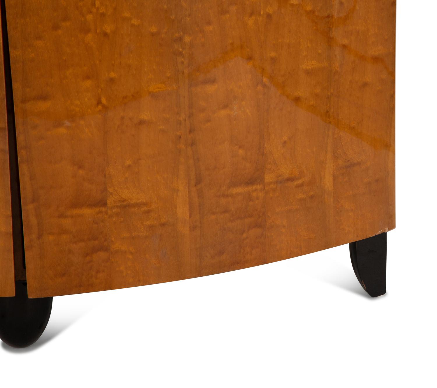 An Art Deco Burl Walnut Bow Front Cabinet