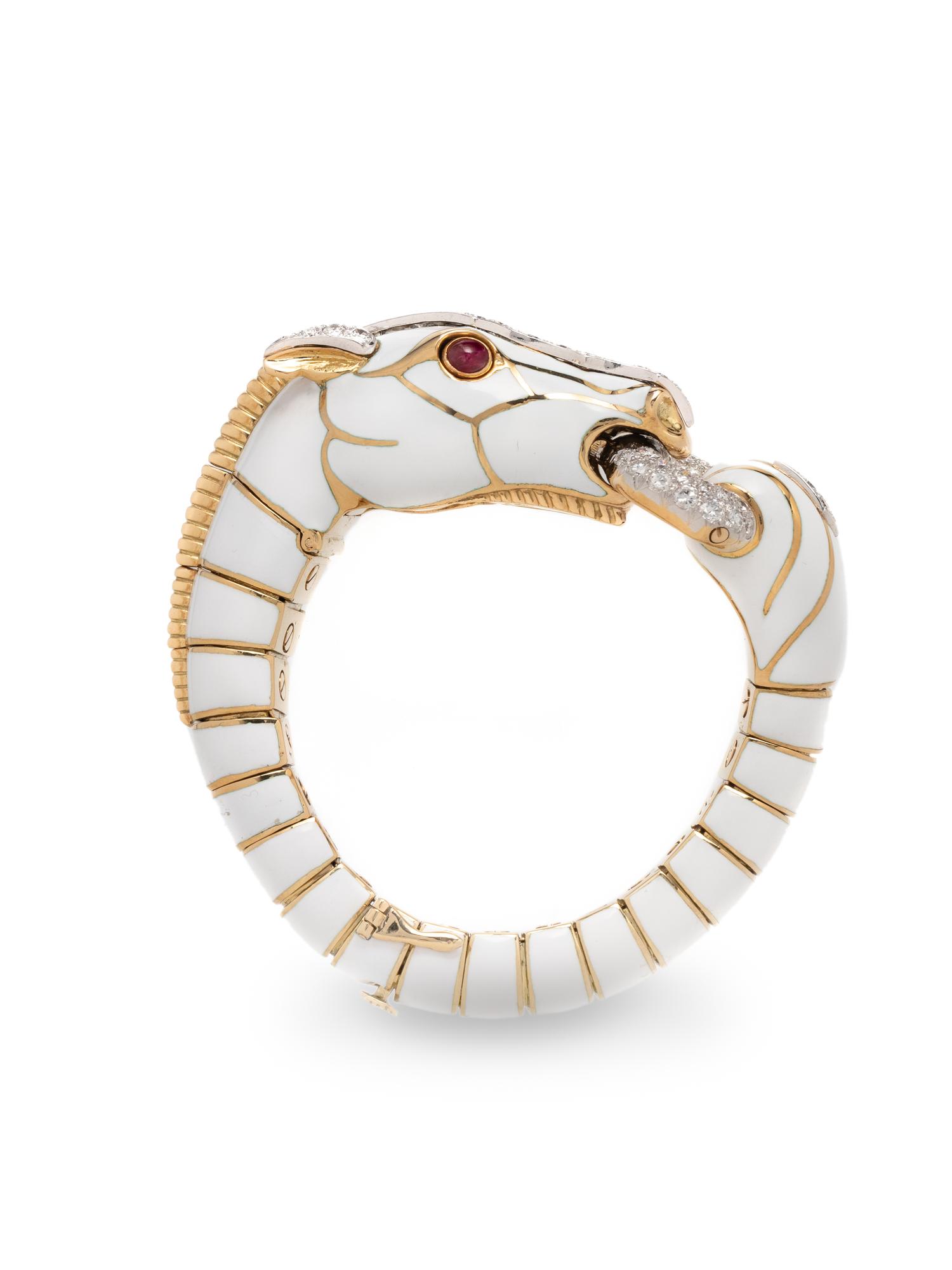 DAVID WEBB, DIAMOND, RUBY AND ENAMEL HORSE BRACELET