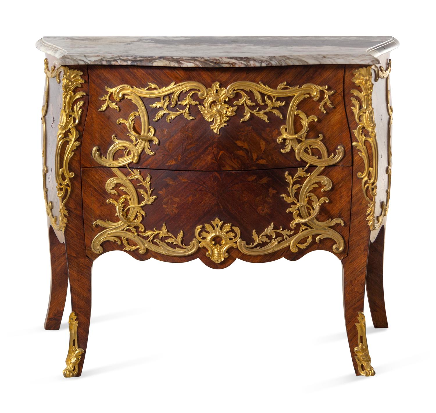 A Louis XV Style Gilt Bronze Mounted Marquetry Marble-Top Bombe Commode