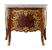 A Louis XV Style Gilt Bronze Mounted Marquetry Marble-Top Bombe Commode