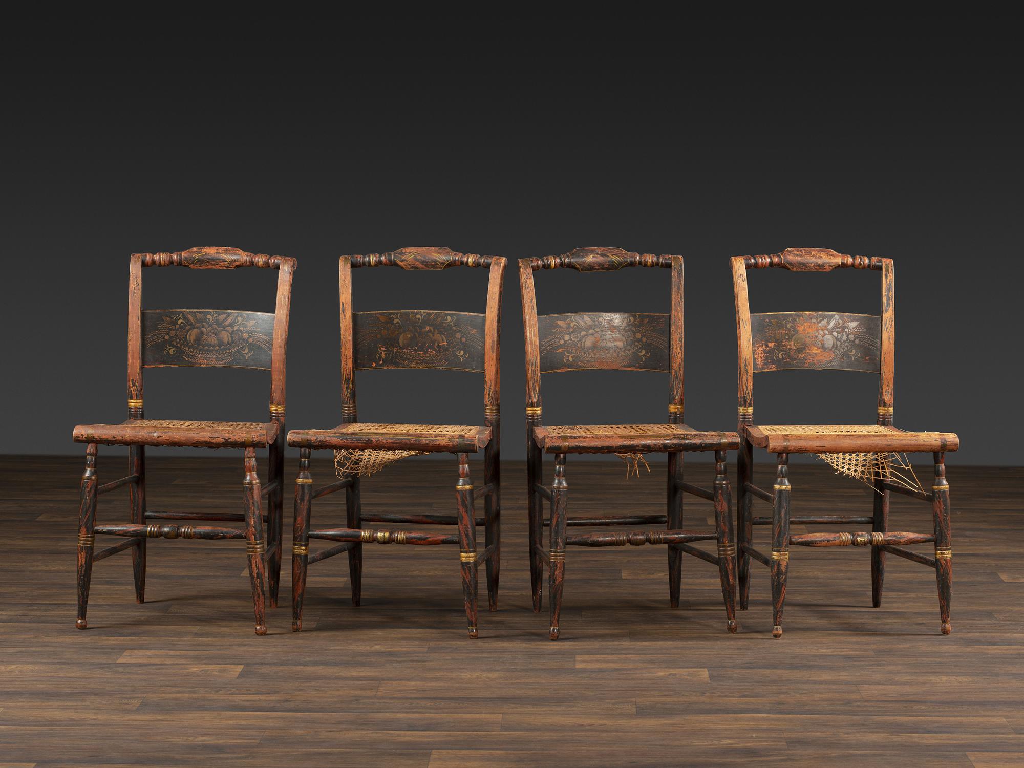 A Set of Four Classical 'Fancy' Stenciled Cane-Seat Side Chairs
