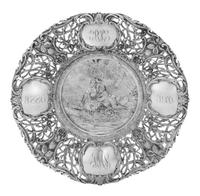 A German Silver Pierced and Repousse Commemorative Tray, George Roth & Co., Hanau, worked to show floral, foliate and berry decoration