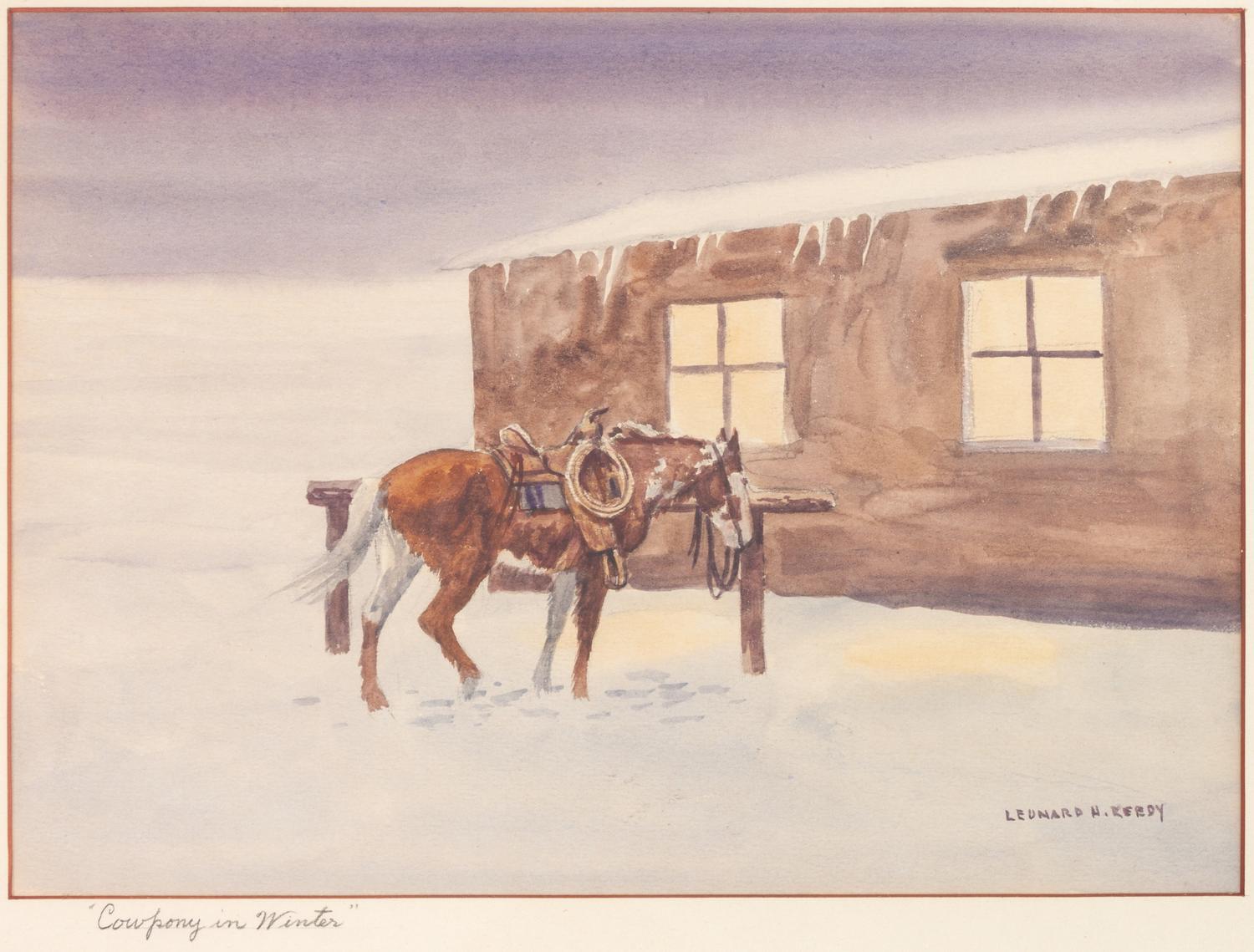 Group of Four Watercolors, Riders in a Blizzard , Cowpony in Winter , Picking up the Orphan Calf and Wyoming Cowpcamp