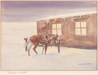 Group of Four Watercolors, Riders in a Blizzard , Cowpony in Winter , Picking up the Orphan Calf and Wyoming Cowpcamp
