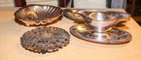 A Group of American Silver-Plate Serving Dishes, , comprising a large circular platter, twin-dish server, two trivet stands, scallop fo