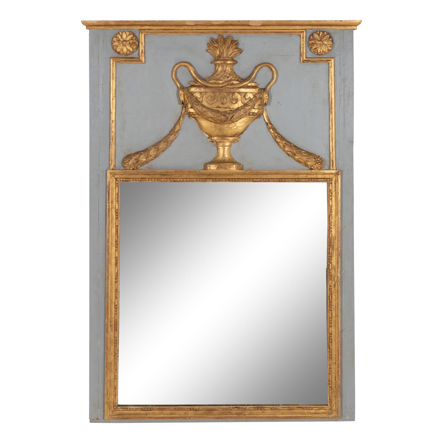 A Louis XVI Style Grey-Painted and Parcel Gilt Trumeau Mirror