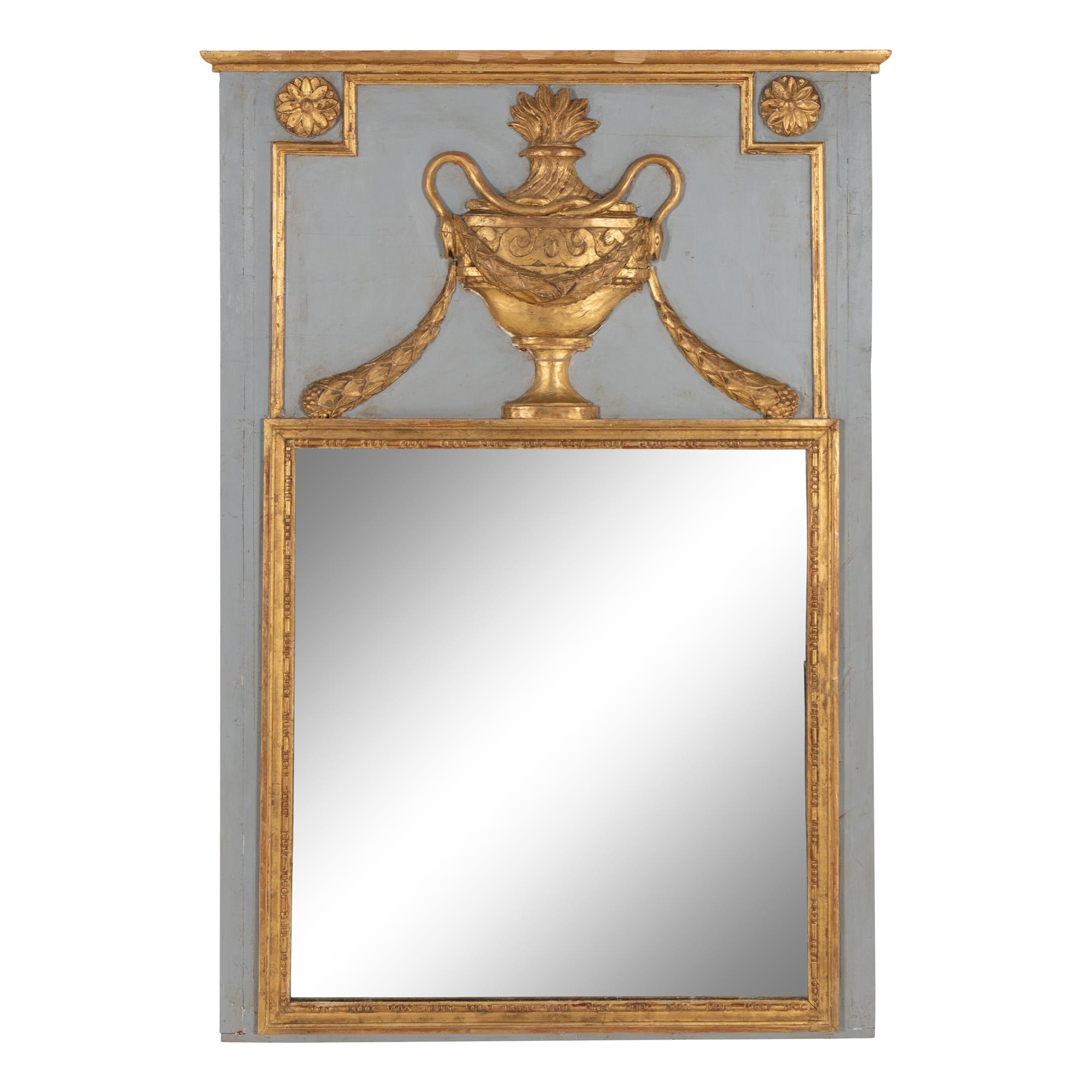 A Louis XVI Style Grey-Painted and Parcel Gilt Trumeau Mirror