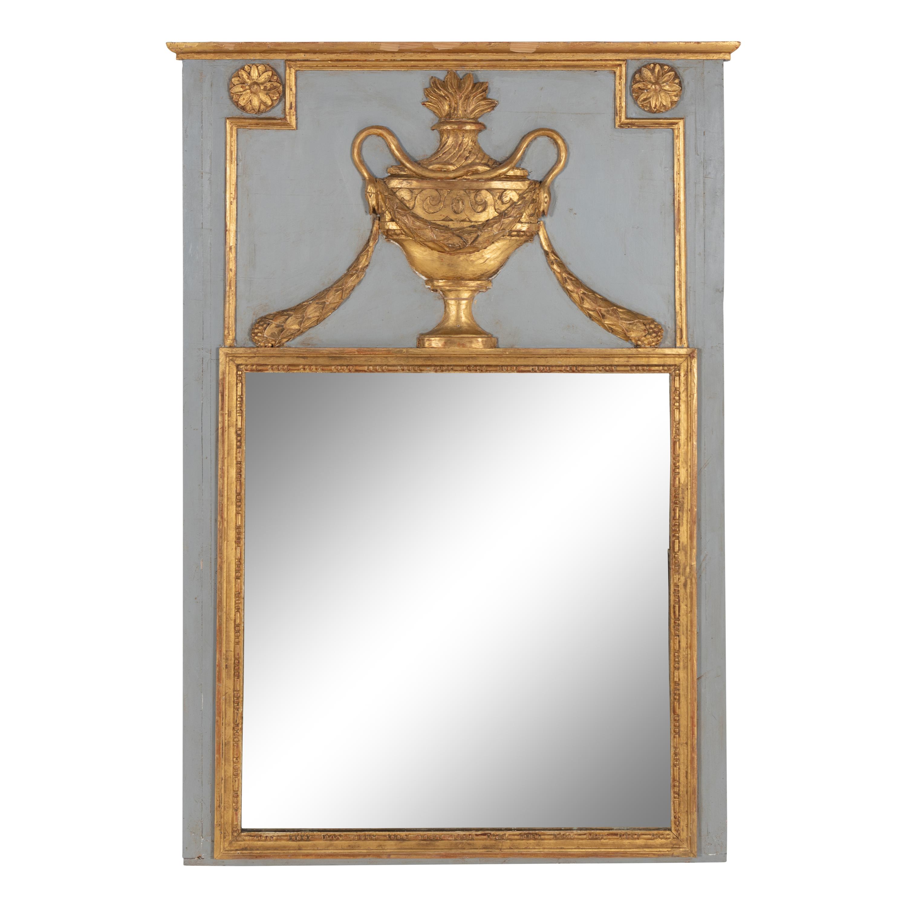 A Louis XVI Style Grey-Painted and Parcel Gilt Trumeau Mirror