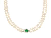 CULTURED PEARL, PLATINUM, DIAMOND AND JADE NECKLACE