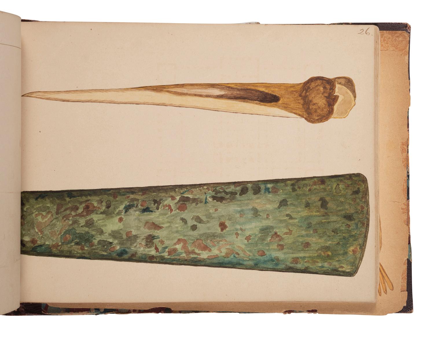 [NATIVE AMERICAN] -- [GOLD RUSH]. An album of watercolor drawings by prospector George V. Storkey (ca 1867-1942) depicting British Columbian Indigenous objects, likely related to the Nlaka’pamux, ca late 1890s-early 1900s.