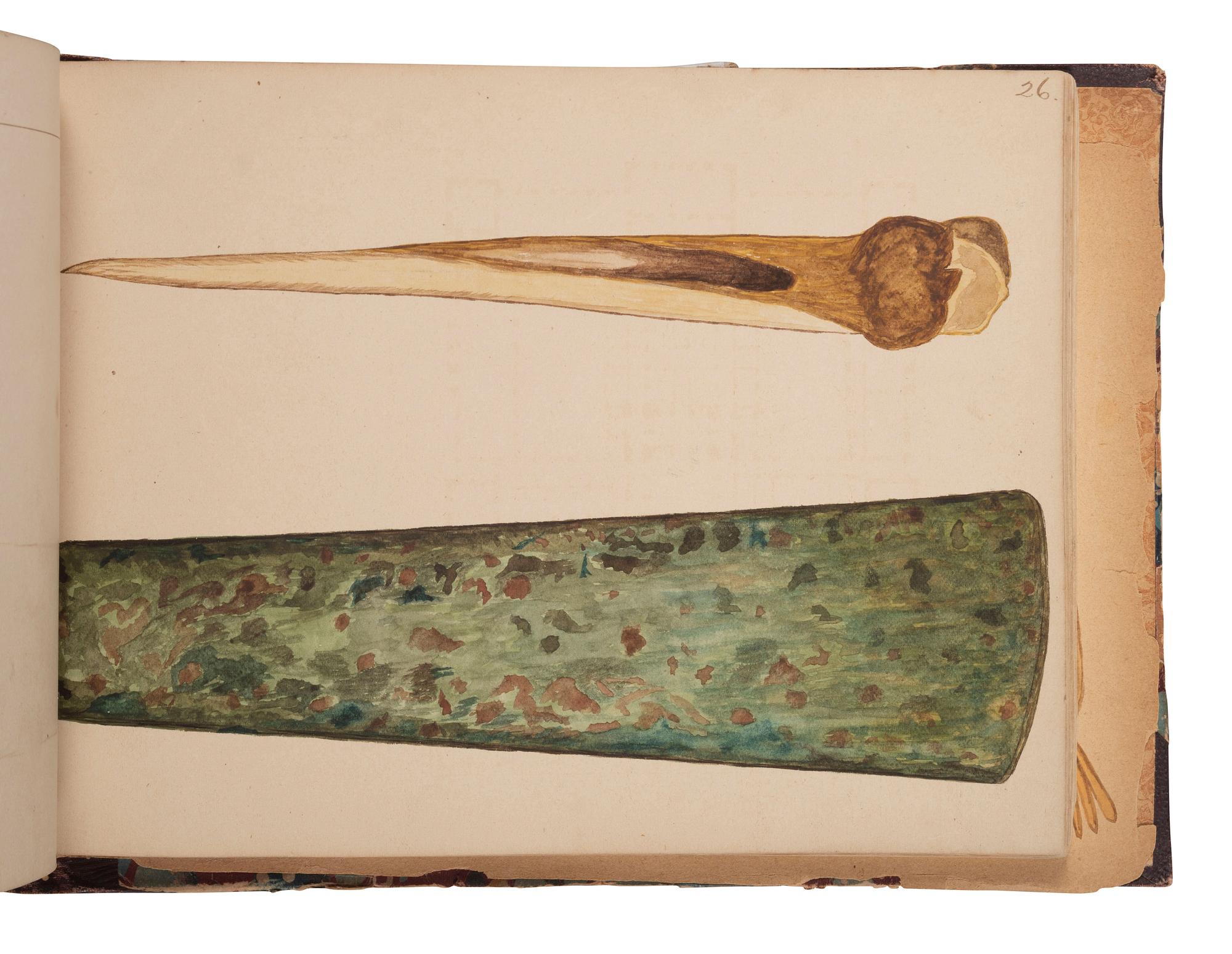 [NATIVE AMERICAN] -- [GOLD RUSH]. An album of watercolor drawings by prospector George V. Storkey (ca 1867-1942) depicting British Columbian Indigenous objects, likely related to the Nlaka’pamux, ca late 1890s-early 1900s.