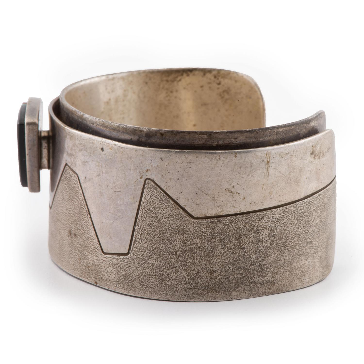 Silver, Jet, Turquoise, and Coral Cuff Bracelet