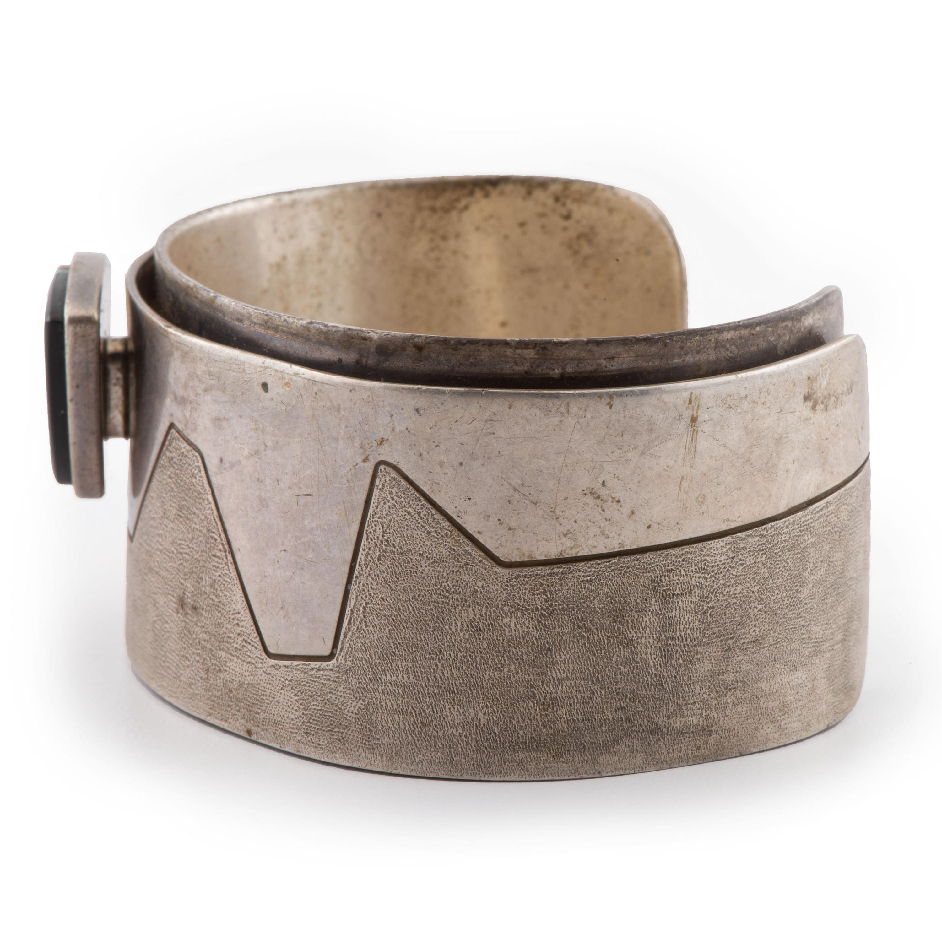 Silver, Jet, Turquoise, and Coral Cuff Bracelet