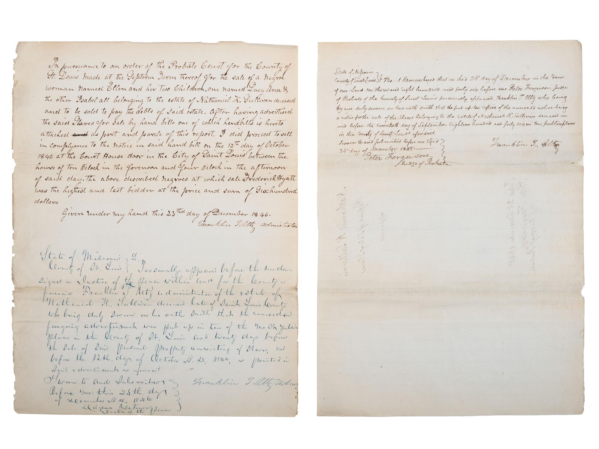 [SLAVERY & ABOLITION]. Manuscript probate document reporting the court-ordered sale of the enslaved woman "Ellen" and her two children "Lucy Ann" and "Isabel." St. Louis, Missouri, 23 December 1846.