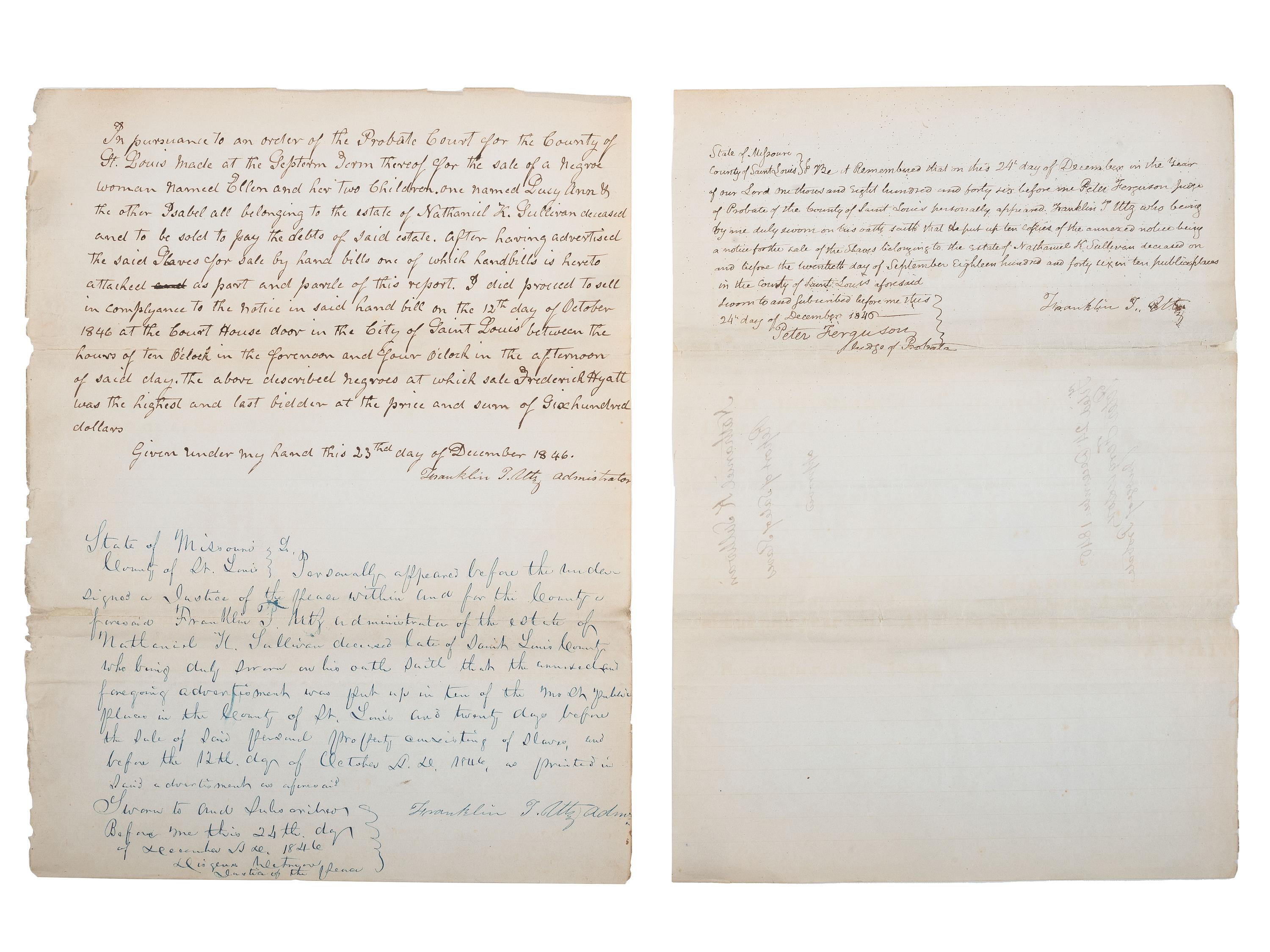 [SLAVERY & ABOLITION]. Manuscript probate document reporting the court-ordered sale of the enslaved woman "Ellen" and her two children "Lucy Ann" and "Isabel." St. Louis, Missouri, 23 December 1846.