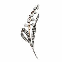 VICTORIAN, DIAMOND AND SILVER-TOPPED GOLD LILY OF THE VALLEY BROOCH