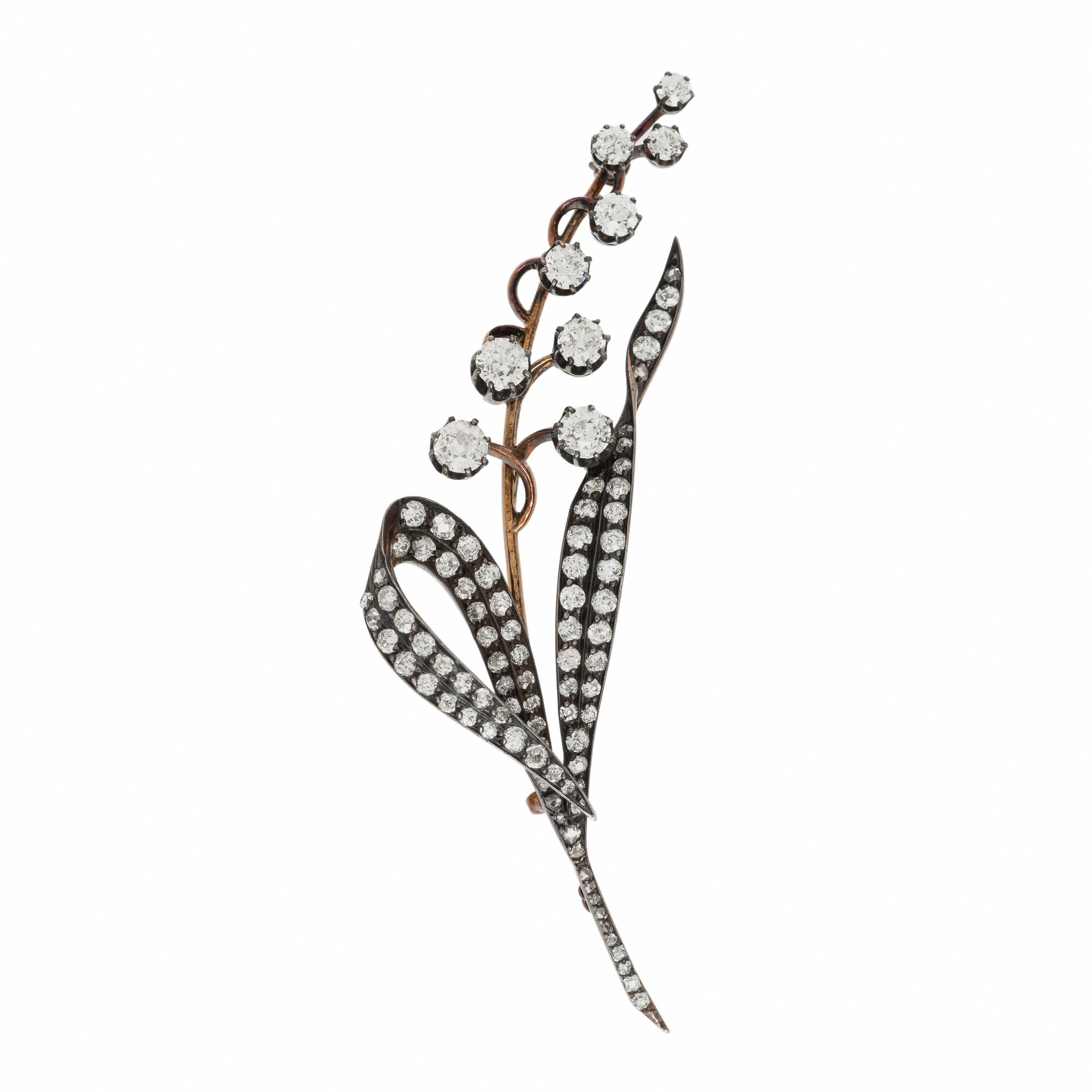 VICTORIAN, DIAMOND AND SILVER-TOPPED GOLD LILY OF THE VALLEY BROOCH