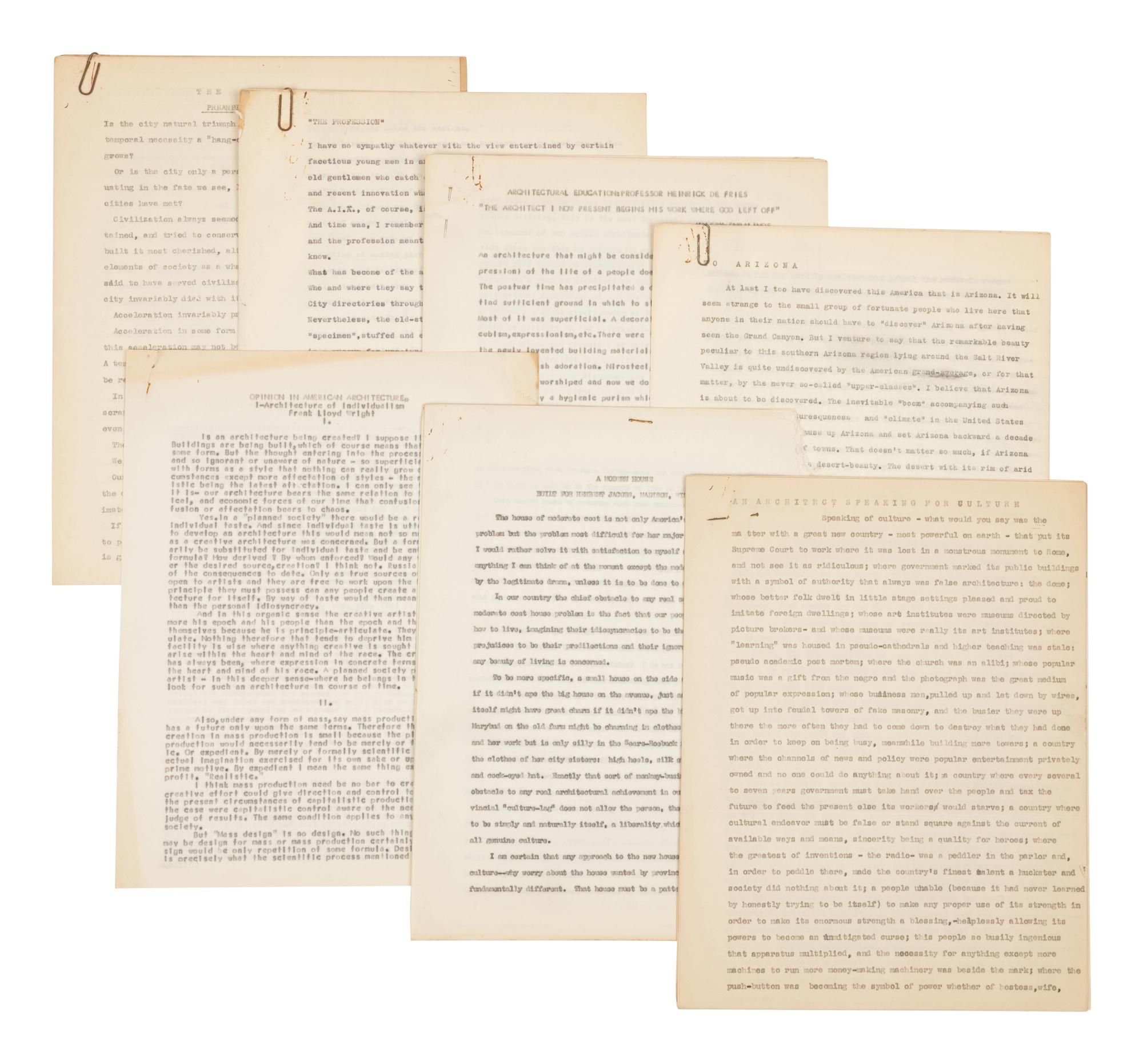 [FRANK LLOYD WRIGHT]. A collection of 15 carbon typescripts of lectures and speeches, 1929 or later, comprising: