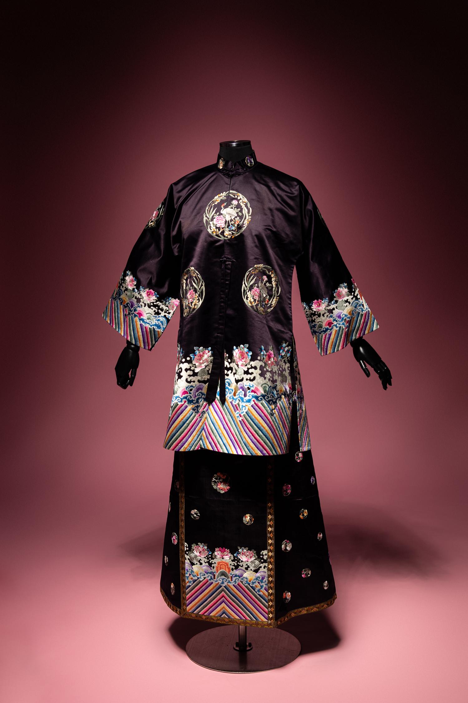 A Set of Aubergine Satin Ground Embroidered Silk Lady's Robe and Skirt