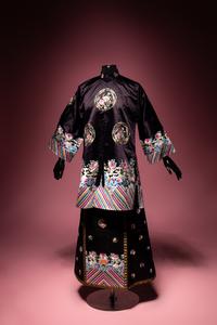 A Set of Aubergine Satin Ground Embroidered Silk Lady's Robe and Skirt