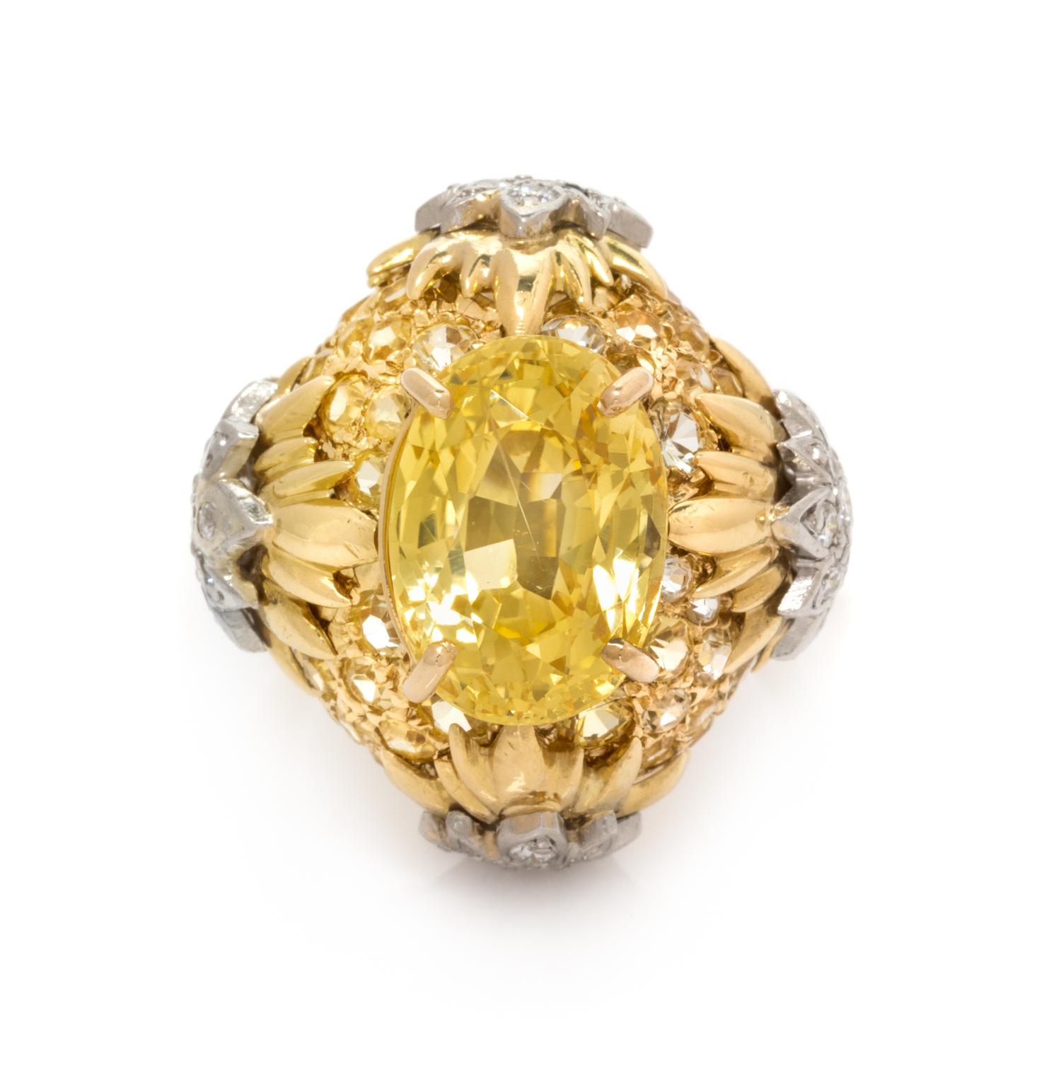 An 18 Karat Yellow Gold, Platinum, Yellow Sapphire and Diamond Ring, 9.70 dwts.